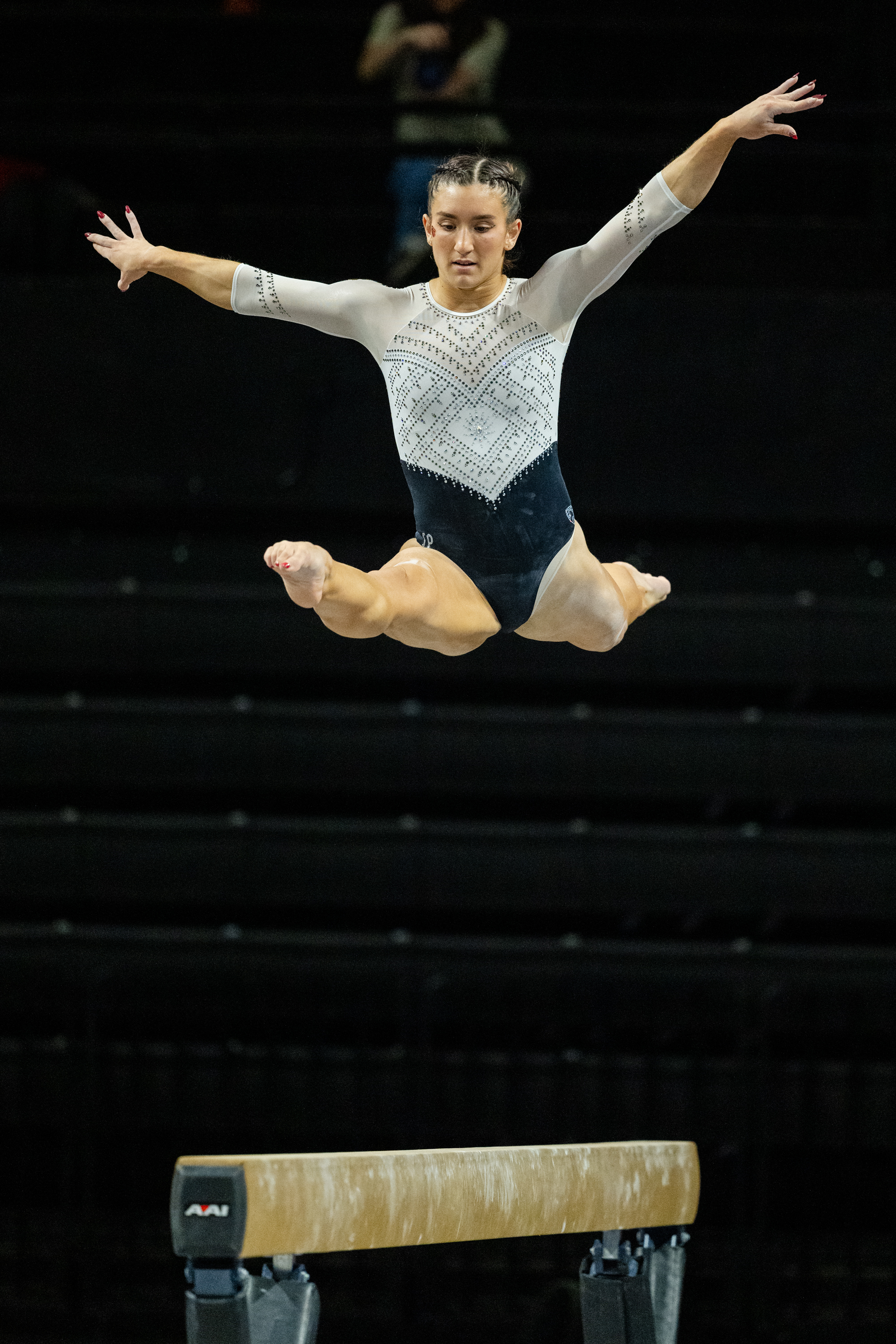 Sophia Esposito of the Oregon State Beavers competes on the balance beam during a gymnastics meet against the Sacramento State Hornets at Gill Coliseum on January 16, 2026 in Corvallis, OR.