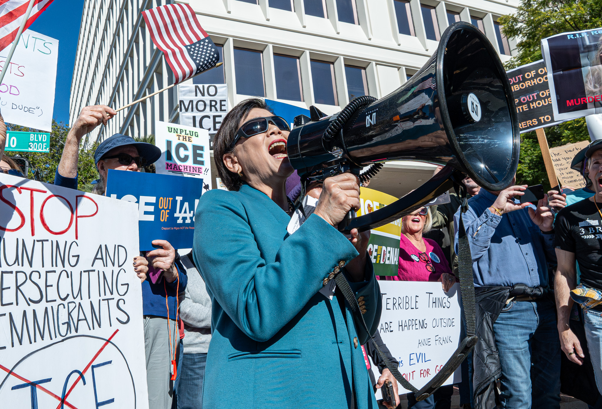Judy Chu speaking during an ICE protest at One Colorado...