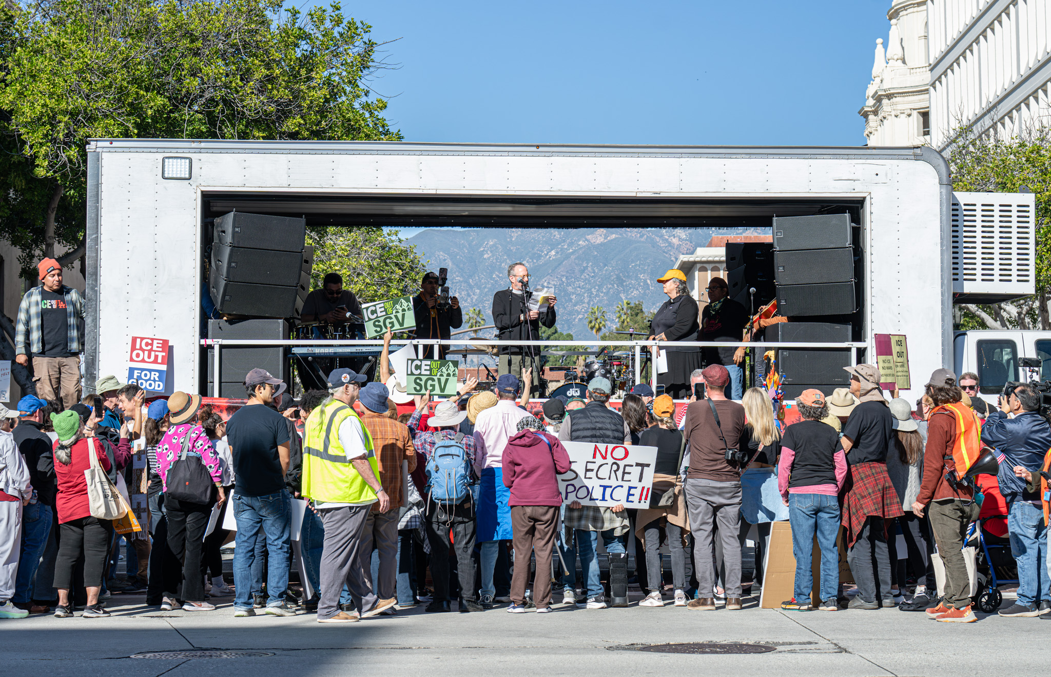 Tim Rich speaking during an ICE protest at One Colorado...