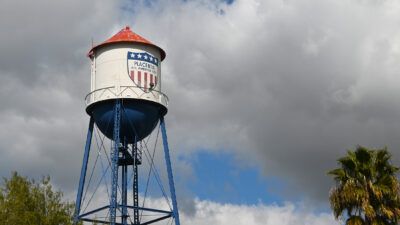 PLACENTIA, CALIFORNIA - 8 MAR 2023: Placentia Water Tower, erected in 1935 the landmark rises over the Old Town district.