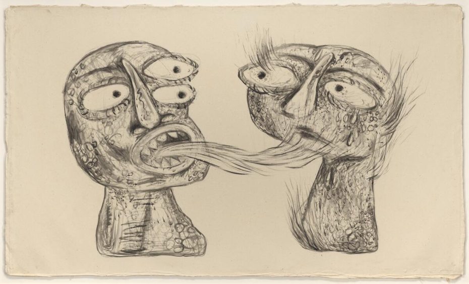 Black and white sketch of two abstract humanoid heads facing each other, with one head’s tongue reaching into the other’s mouth; both have exaggerated features and textured surfaces.