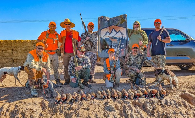 In January 2025, BackCountry Heroes organized a pheasant hunt in Imperial Valley for selected members. Back Row - Alex (dog handler); "Doc" Dave Perry, US Navy Corpsman; Dave Newcomb, US Navy/Active fire captain; Gary Patterson, USMC; Joseph De'Angelo, USMC/active fire captain. Courtesy Kaleb Weakley