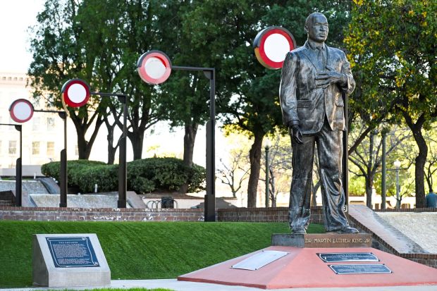 A statue of the Rev. Martin Luther King Jr. outside San Bernardino City Hall is seen Thursday, Jan. 15, 2026. The sculpture, created by artist Julian Martinez Soto, features King with a wounded left hand resting on his chest. (Photo by Anjali Sharif-Paul, The Sun/SCNG)
