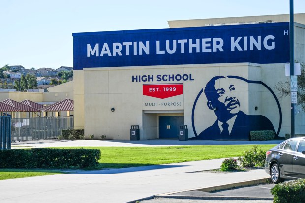 A mural of the school's namesake, the Rev. Martin Luther King Jr., is seen Tuesday, Jan. 13, 2026, at Martin Luther King High School in Riverside. (Photo by Anjali Sharif-Paul, The Sun/SCNG)