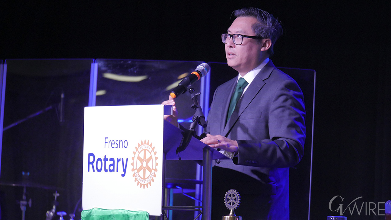 Rep. Vince Fong, R-Bakersfield, gives a speech to the Fresno Rotary