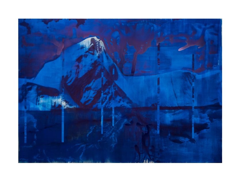 Abstract blue-toned painting depicting a mountain and water scene, with vertical streaks and textured brushstrokes across the canvas.