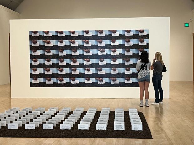 Museum visitors examine one of more than 60 pieces at the exhibition "Christina Fernandez: Multiple Exposures" at the San Jose Museum of Art on June 7. (Malar Raguraman/Mosaic)