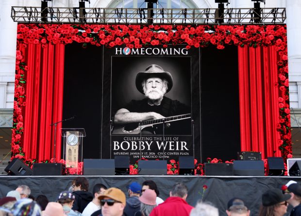 Grateful Dead fans attend the Bob Weir memorial at Civic Center Plaza in San Francisco, Calif., on Saturday, Jan. 17, 2026. Thousands of people gathered to say goodbye to the band's co-founder and guitarist, who passed away on Jan. 10. (Jane Tyska/Bay Area News Group)