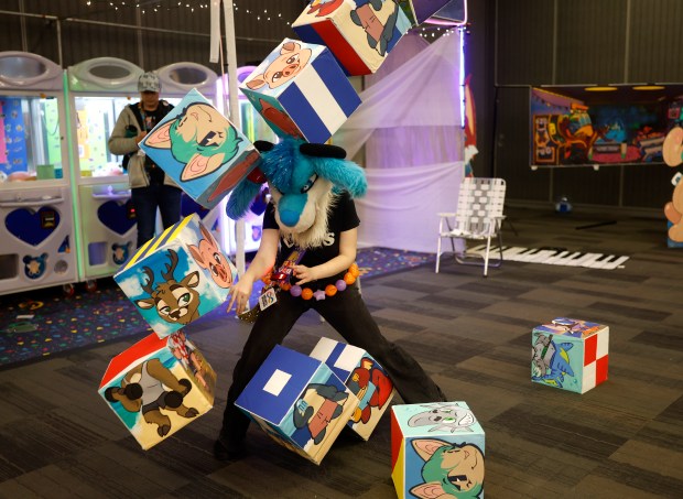 Razer, from Bakersfield, who preferred to give their character name only, plays with blocks at Further Confusion, also known as FurCon, at the San Jose McEnery Convention Center in downtown San Jose, Calif., on Sunday, Jan. 18, 2026. (Nhat V. Meyer/Bay Area News Group)