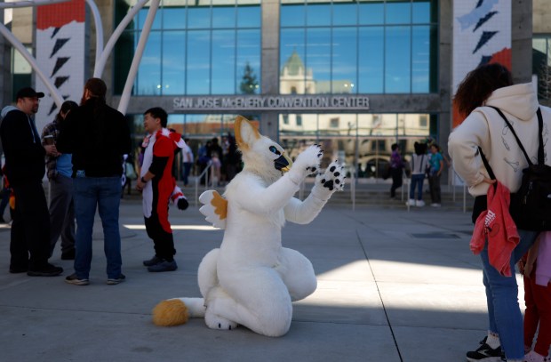 Demetrius, who preferred to give their character name only, "squawks" at Further Confusion, also known as FurCon, outside of the San Jose McEnery Convention Center in downtown San Jose, Calif., on Sunday, Jan. 18, 2026. (Nhat V. Meyer/Bay Area News Group)