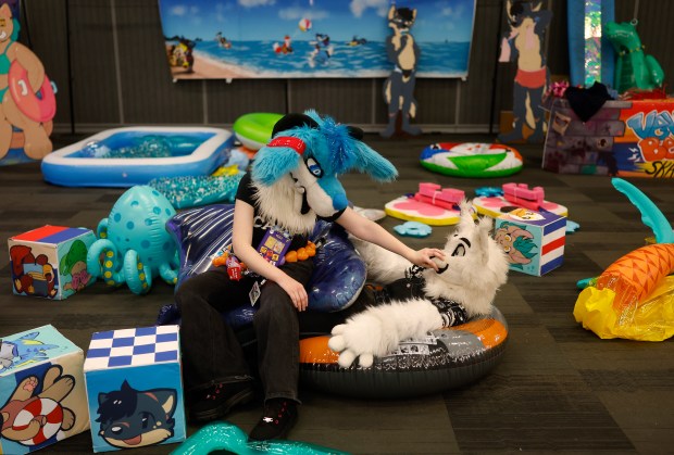 Razer, left, and Quince, both from Bakersfield, who preferred to give their character names only, play at Further Confusion, also known as FurCon, at the San Jose McEnery Convention Center in downtown San Jose, Calif., on Sunday, Jan. 18, 2026. FurCon had a beach theme this year called "The Beach Episode." (Nhat V. Meyer/Bay Area News Group)