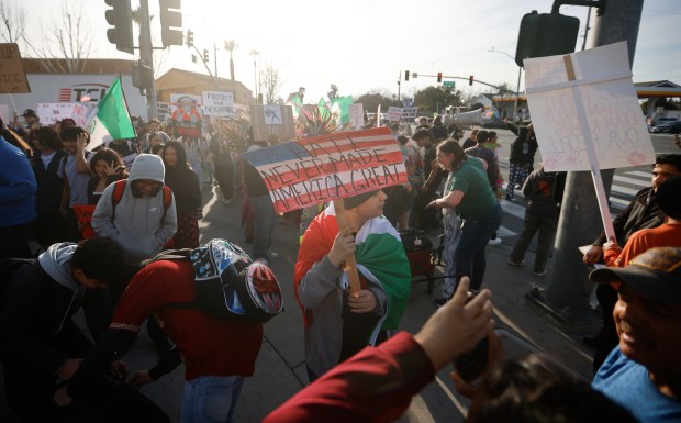 Overfelt High School students and some community members protest U.S. Immigration and Customs Enforcement at South King Road and Story Road in San Jose, Calif., on Wednesday, Jan. 28, 2026. (Nhat V. Meyer/Bay Area News Group)