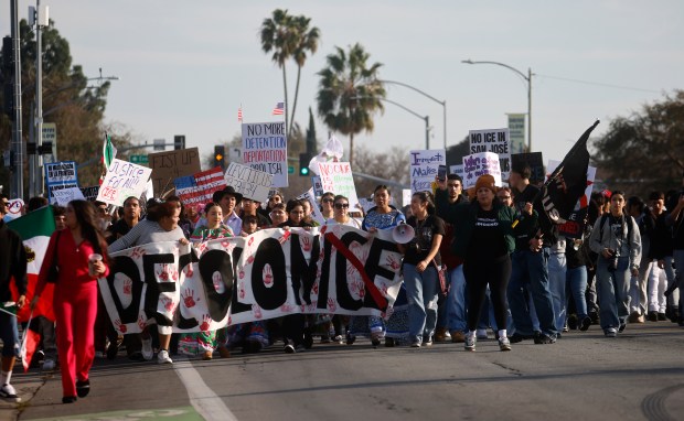 Overfelt High School students and some community members protest U.S. Immigration and Customs Enforcement as they march north on South King Road in San Jose, Calif., on Wednesday, Jan. 28, 2026. (Nhat V. Meyer/Bay Area News Group)