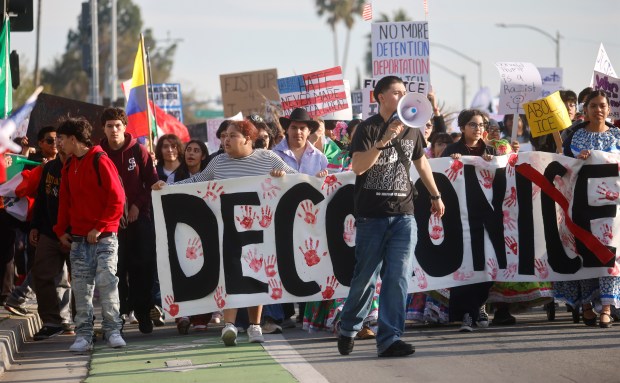 Overfelt High School students and some community members protest U.S. Immigration and Customs Enforcement as they march north on South King Road in San Jose, Calif., on Wednesday, Jan. 28, 2026. (Nhat V. Meyer/Bay Area News Group)