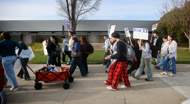 Overfelt High School students and some community members leave the high school as they protest U.S. Immigration and Customs Enforcement in San Jose, Calif., on Wednesday, Jan. 28, 2026. (Nhat V. Meyer/Bay Area News Group)