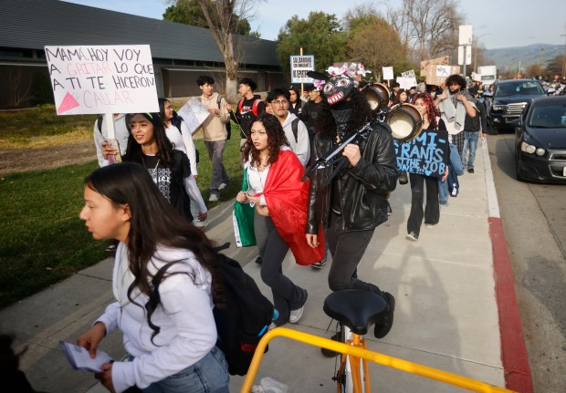 Overfelt High School students and some community members leave the high school as they protest U.S. Immigration and Customs Enforcement in San Jose, Calif., on Wednesday, Jan. 28, 2026. (Nhat V. Meyer/Bay Area News Group)