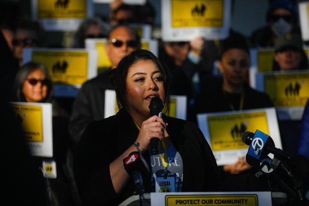 Yesenia Campos, with the Rapid Response Network, speaks during a press conference to show solidarity with Minneapolis in San Jose, Calif., on Thursday, Jan. 8, 2026. (Shae Hammond/Bay Area News Group)