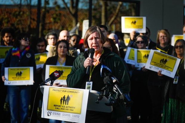 Stephanie Jayne, with the Rapid Response Network, speaks during a press conference to show solidarity with Minneapolis in San Jose, Calif., on Thursday, Jan. 8, 2026. (Shae Hammond/Bay Area News Group)