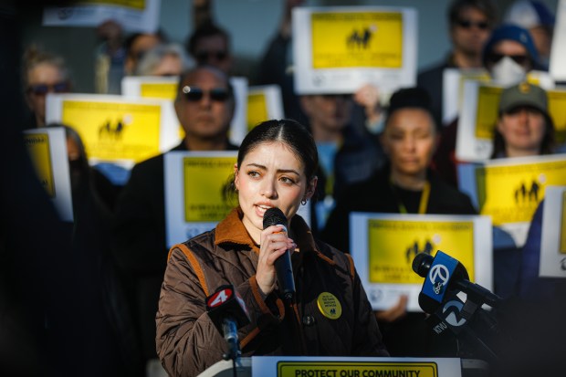 Marina Haro, with the Rapid Response Network, speaks during a press conference to show solidarity with Minneapolis in San Jose, Calif., on Thursday, Jan. 8, 2026. (Shae Hammond/Bay Area News Group)
