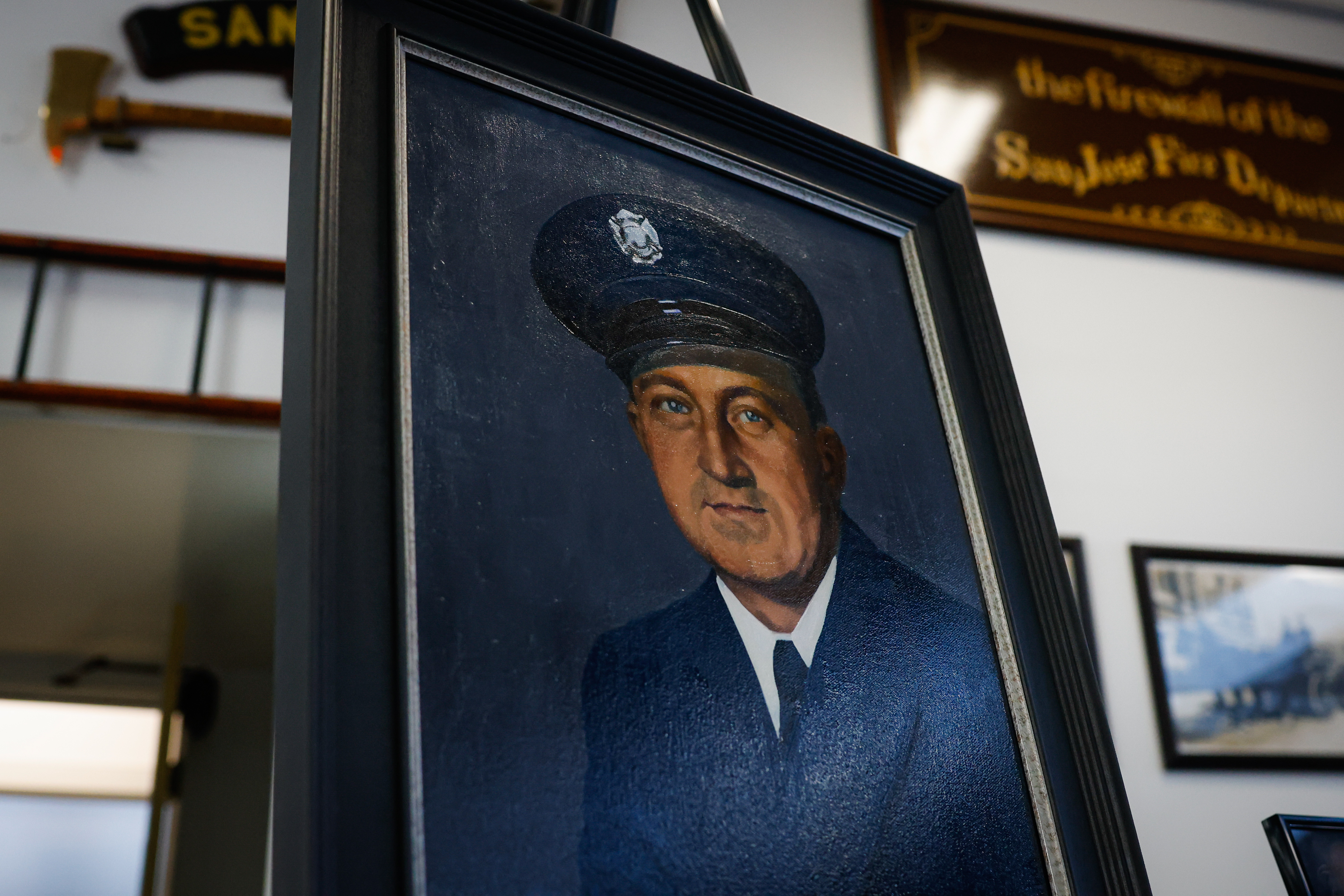 A painting of Sam Seibert, a retired San Jose Fire...