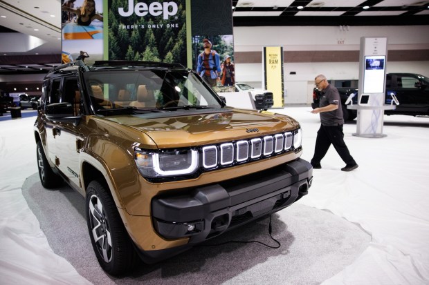 A 2026 Jeep Recon electric vehicle is displayed as auto exhibitors set up for the Silicon Valley Auto Show Thursday, Jan. 8, 2026, at the Santa Clara Convention Center in Santa Clara, Calif. (Dai Sugano/Bay Area News Group)