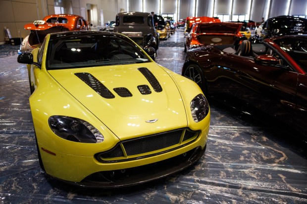 A 2017 Aston Martin V12 Vantage S AMR is displayed among other high-performance cars as auto exhibitors set up for the Silicon Valley Auto Show Thursday, Jan. 8, 2026, at the Santa Clara Convention Center in Santa Clara, Calif. (Dai Sugano/Bay Area News Group)
