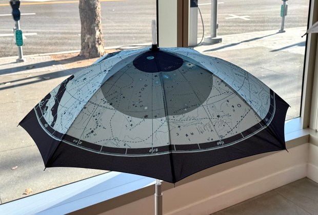 An umbrella prop prototype with a constellation map, on display at the Miro lobby, will be used for "Invisible Skies," artist Elizabeth Turk's "flash art" event at San Jose City Hall on Jan. 31, 2026. (Sal Pizarro/Bay Area News Group)