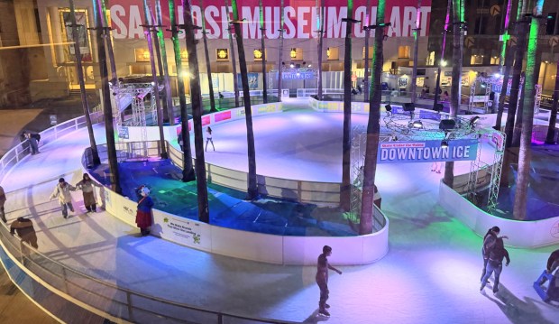 Nighttime ice skaters enjoy the outdoor rink in downtown San Jose's Circle of Palms on Friday, Jan. 16, 2026. (Sal Pizarro/Bay Area News Group)