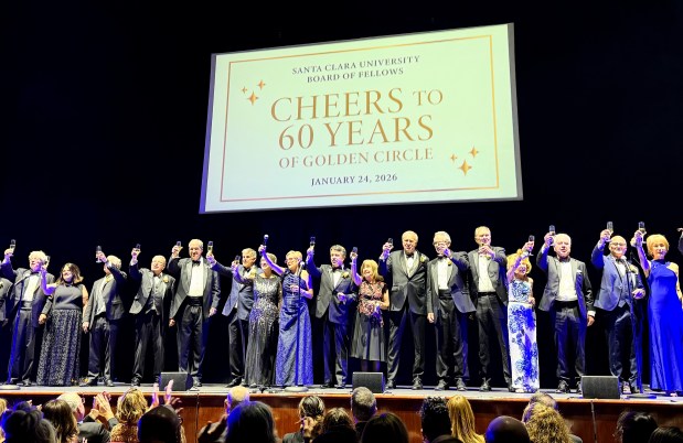 Santa Clara University President Julie Sullivan and Vice President for University Relations Jim Lyons are joined by past chairs of the Board of Fellows for a toast to the 60th annual Golden Circle Theatre Party at the Center for the Performing Arts in San Jose on Saturday, Jan. 24, 2026. (Sal Pizarro/Bay Area News Group)