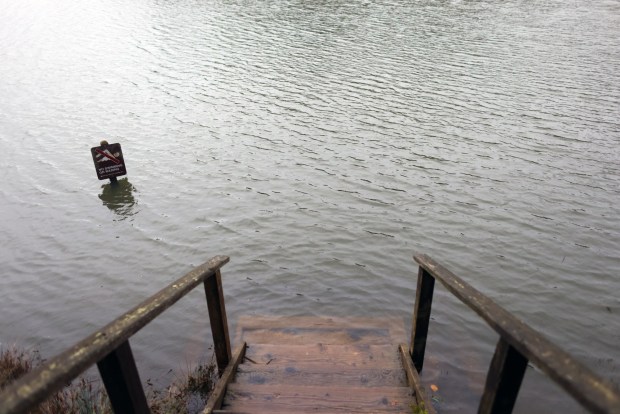 Submerged stairs at Lake Chabot Regional Park on Monday, Jan. 5, 2026, in Castro Valley, Calif. The reservoir is currently at 96% capacity. (Aric Crabb/Bay Area News Group)
