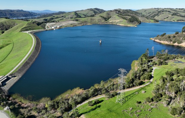 An aerial view of the East Bay Municipal Utility District's (EBMUD) Briones Reservoir in Orinda, Calif., on Friday, Jan. 9, 2026. The reservoir is currently 94% full. (Jane Tyska/Bay Area News Group)