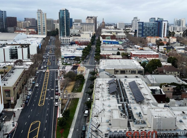 A view of downtown San Jose from one of the upper floors of The Fay housing tower. (George Avalos/ Bay Area News Group)1-9-2024 image capture, San Jose CA (George Avalos/Bay Area News Group)