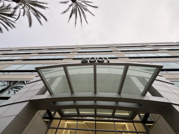 Entry area of an office building at 6001 America Center Drive in north San Jose's Alviso district, seen on Jan. 27, 2026.(George Avalos/Bay Area News Group)