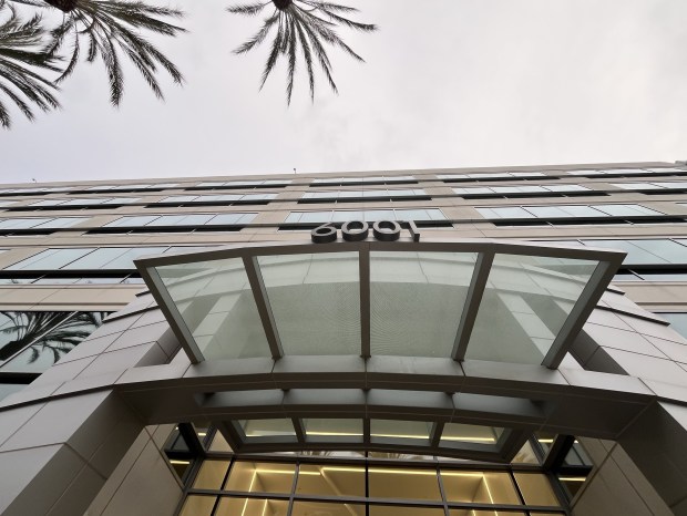 Entry area of an office building at 6001 America Center Drive in north San Jose's Alviso district, seen on Jan. 27, 2026.(George Avalos/Bay Area News Group)