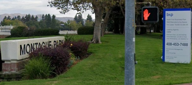A BXP marketing sign is visible in front of a 24-acre research, office and industrial park in north San Jose that is bounded by North First Street, Daggett Drive, Zanker Road and East Plumeria Drive.(Google Maps)