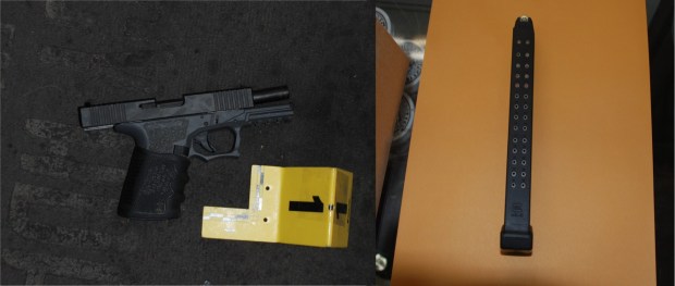 A handgun and extended magazine was left behind at the scene of a Jan. 10, 2026 injury shooting at a business on Story Road in San Jose. Police said a 17-year-old Stockton resident has been arrested in connection with the crime. (San Jose Police Dept.)
