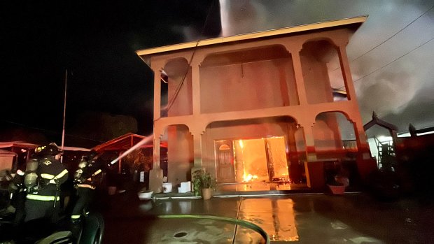 A Buddhist temple located on Foss Avenue in San Jose caught fire early Monday morning, causing part of the roof to collapse, according to the San Jose Fire Department. (San Jose Fire Department)