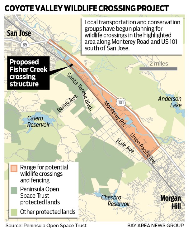 Map showing an area in Coyote Valley, south of San Jose, along US 101 and Monterey road where local transportation and conservation groups have begun planning for wildlife crossings