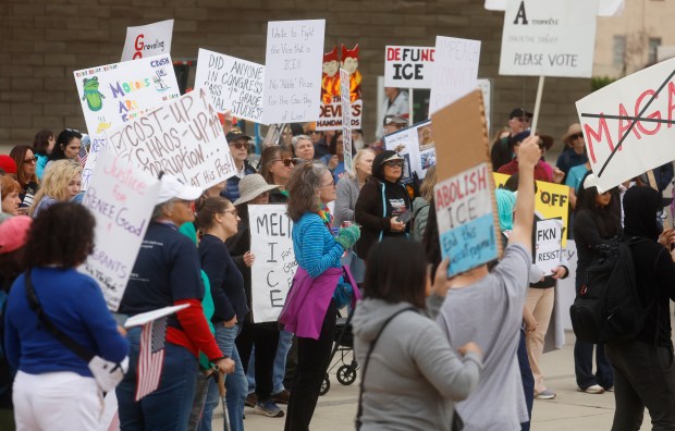 Protesters participate in the "South Bay Free America Walkout" at San Jose City Hall in downtown San Jose, Calif., on Tuesday, Jan. 20 2026. (Nhat V. Meyer/Bay Area News Group)