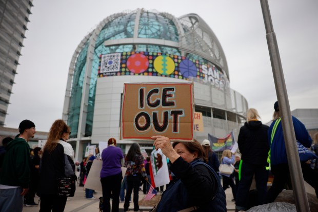Protesters participate in the "South Bay Free America Walkout" at San Jose City Hall in downtown San Jose, Calif., on Tuesday, Jan. 20 2026. (Nhat V. Meyer/Bay Area News Group)