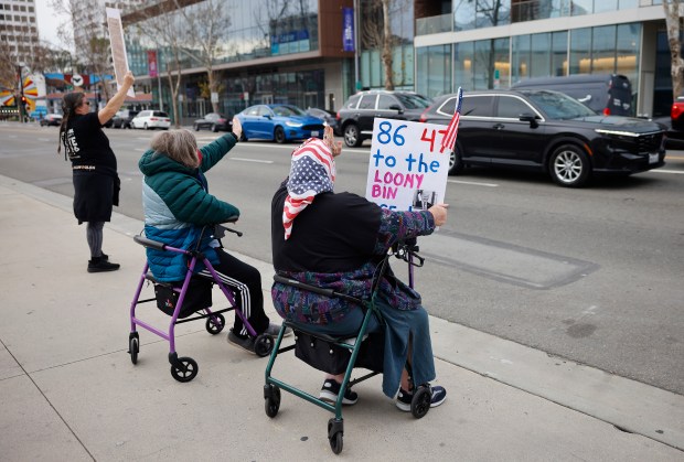 Protesters participate in the "South Bay Free America Walkout" at San Jose City Hall in downtown San Jose, Calif., on Tuesday, Jan. 20 2026. (Nhat V. Meyer/Bay Area News Group)