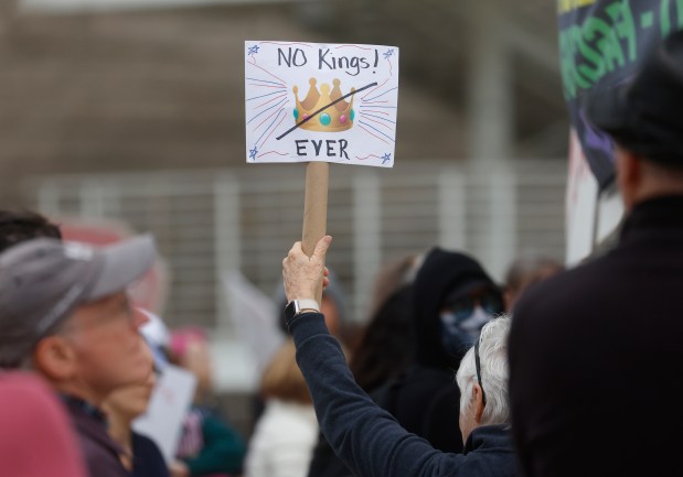 Protesters participate in the "South Bay Free America Walkout" at San Jose City Hall in downtown San Jose, Calif., on Tuesday, Jan. 20 2026. (Nhat V. Meyer/Bay Area News Group)