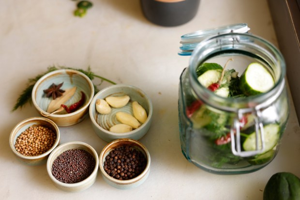 Pickling ingredients add zing to homemade cucumber pickles that are paired with the savory porchetta. (K.C. Alfred / The San Diego Union-Tribune)