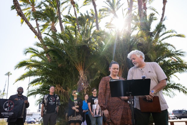 Taylor Jones, sister of Callen Lines, left, and Dano McCarthy, father of Callen Lines, speak during a press conference before a Citizens Law Enforcement Review Board meeting on Thursday, Aug. 7, 2025. Lines died last year while in custody at the Las Colinas Detention and Reentry Facility. (Ana Ramirez / The San Diego Union-Tribune)