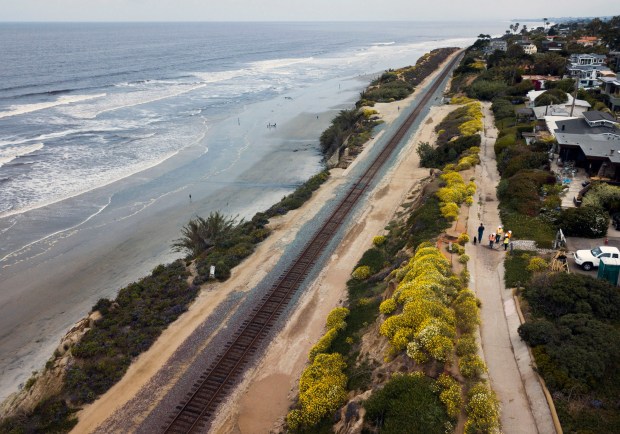 The latest Del Mar bluff stabilization project begun, shown here on May 11, 2020. In this phase, part the stormwater drain near 7th Street on right, will be replaced and the bluff will be stabilized. (K.C.Alfred / The San Diego Union-Tribune)