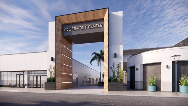 A rendering of the exterior and entryway at Grossmont Center in La Mesa. The mall owner expects to complete renovation work on storefront facades and a new common area plaza by October. (Federal Realty)