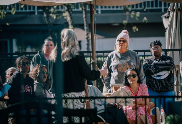 Mayor Allyson Snow met with tenants to talk to about tenant's rights, on Sunday, January 25, 2025. (Photo by Sandy Huffaker for The San Diego Union-Tribune)