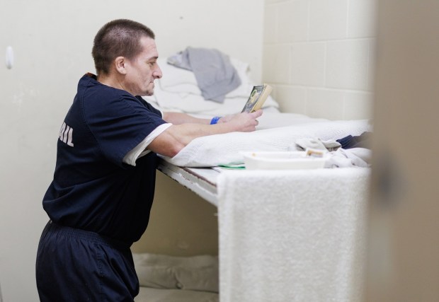 Jason Eisenhart, pictured in his cell on Monday, Dec. 22, 2025, landed back in jail after a relapse following his girlfriend's death. "I want to live for her," he says. "I don't want to use drugs anymore." (San Diego Sheriff's Office)