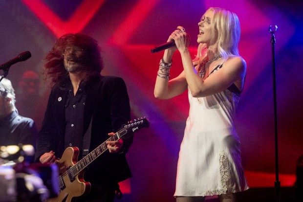 Taylor Momsen, at right, sang with Foo Fighters at Friday's 2026 MusiCares Person of the Year concert honoring Mariah Carey in Los Angeles. Guitarist Dave Grohl is at left.(Emma McIntyre/Getty Images for The Recording Academy)