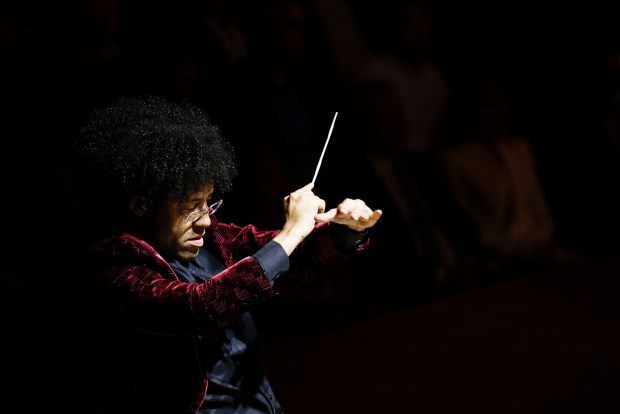 Rafael Payare conducts during the opening concert in the San Diego Symphony's 2024/2025 season at Jacobs Music Center on Saturday, Sept. 28, 2024 in San Diego, CA. (Meg McLaughlin / The San Diego Union-Tribune)